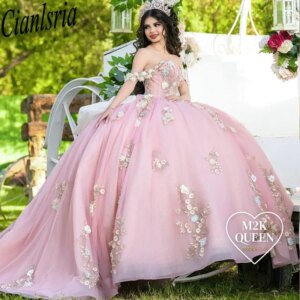 Pink off the shoulder quinceanera dresses ball gown 3D floral lace sweet 15 años Mexican customized