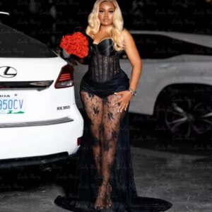 Customized Black Sexy Evening Dresses Lace Long Night Party Prom Gowns Strapless Exposed Boning Girl Formal Vestido De Noche