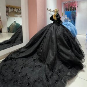 Black Princess Quinceanera Dresses 2025 3DFlower Appliques Lace-up Corset Off Shoulder Puff Sleeve Vestidos De 15 Años Prom Dres