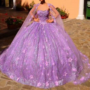 Luxury Lilac Mexican Quinceanera Dress Ball Gown 2025 With Cape Princess Prom Sweet 16 Dress Vestidos De XV Birthday Pageant