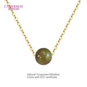 Top Quality 925Silver Brown 11.5mm Round Bead Natural Turquoise Pendant Necklace For Women Clavicle Chain Wedding Jewelry Gift