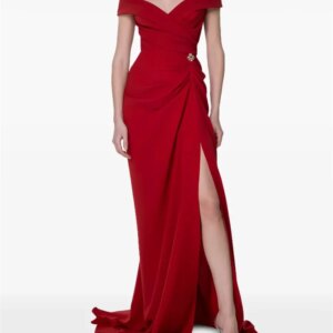 Customized Temperament Red Pleated Metal Jewelry Formal Evening Dress Sleeveless Off-Shoulder Neck-Close-Waisted Maxi Dress