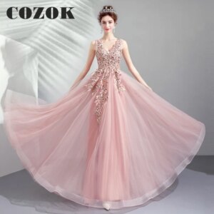 Tulle V Neck Sleeveless Evening Dress A Line Appliques Floor-Length Elegant Prom Gowns Robe De Soirée Custom Size SX17