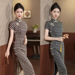 Retro National Style Stretch Cotton Long Plaid Short Sleeve Robe Qi Pao Spring and Summer New Improved Chinese Art Cheongsam