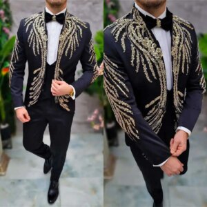 Sparkly Sequins Wedding Tuxedos 2 Piece Set Jacket Pants One Button Men Suit Trim Fit Groom Wear Evening Suits Customized