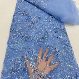 Luxury Handmade Bead African Sequin Lace Fabric 5 Yards High Quality 2024 Sky Blue Nigerian Lace Fabric For Wedding Party A736-1
