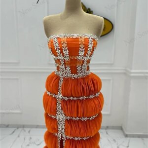 Orange Ruffles Beading Evening Dresses Customized Split Side Birthday Party Cocktail Dress Aso Ebi African Engagement Prom Dress