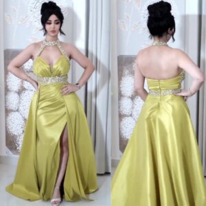 Customized Satin Sequined Celebrity Straight Halter Bespoke Occasion Gown Long Dresses