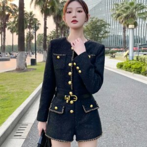 Black Phnom Penh Jumpsuit Women’s 2024 Autumn and Winter New High-end Fashion Slim-fit Tweed Metal Buckle Long Sleeve Jumpsuit