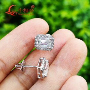 10mm Rectangle Emerald Cut Moissanite Stone Ear Stud 925 Sterling Silver White D VVS Women’s Wedding Jewelry Gift