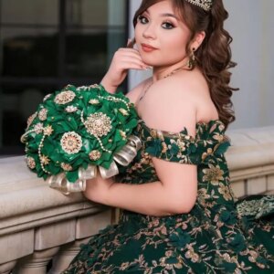 Customized Shiny blackish greenOff Shoulder Quinceanera Dress sequin applique Tull 3D flower vestidos de 15 Quinceanera 