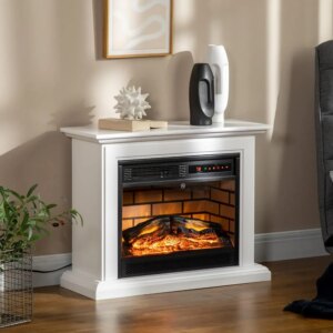 31″ Electric Fireplace with Dimmable Flame Effect and Mantel, Freestanding Space Heater with Log Hearth and Remote Control,1400W
