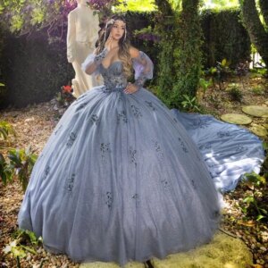 Sparkly Silver Gray Sweetheart Off The Shoulder Long Sleeved Applique Quinceanera Dresses Ball Gown Princess Dress vestidos 15