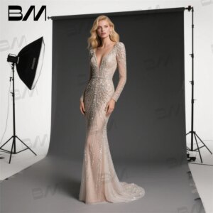 Deep V Neck Formal Dress for Women Long Sleeves Sheath Evening Dresses Wedding Party Gown Customized Sweep Train Prom Dresses