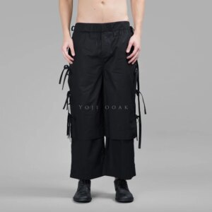 YOJI OOAK CRAIG GREEN PANTS with fringe deconstructed double-layer cropped pants with streamers