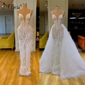 Elegant Full Pearls Mermaid Evening Dress White Spaghetti Strap Feathers Floor Length See Through Prom Dress Robe De Soiree