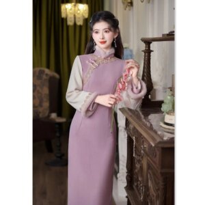 Fashion Improvement Young Girl’s Stitching Double Sleeve Long Cheongsam Qi Pao Winter New
