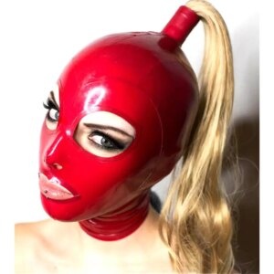 sexy handmade red latex hoods with blond wig tress ponytail cekc club wear costumes costomize size XS-XXL