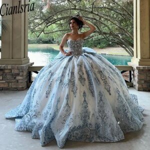 Mexican Shiny Sky Blue Quinceanera Dress Ball Gown Applique Beaded Bow Sweet 16 Vestidos De 15 Anos