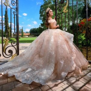 Pink Shiny Quinceanera Dresses Ball Gown Off Shoulder Appliques Lace Beading Crystal Tull Birthday Payty Sweet 16 Dress Vestidos