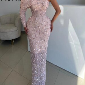 Luxury Beaded Arabic Evening Dress Crystal Sequin Sparkly Pink Formal Party Gowns One Shoulder Prom Cocktail Robes soiree 2025