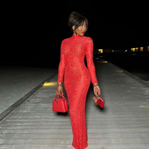Customized Sexy Long Red High Neck Lace Evening Dresses Full Sleeves Sheath Floor Length Foemal Occasion Dresses Party Gowns