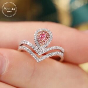 Aazuo Find Jewerly Pink & White Diamond 18K Solid Gold Classic Water Drop Ring Upscale Trendy Senior Party Fine Jewelry Hot Sell