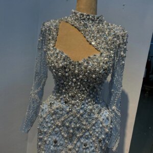 Simple Sky Blue Cocktail Dresses With Pearls High Neck Evening Party Dresses With Long Sleeves Vestidos De Gala Prom Dresses