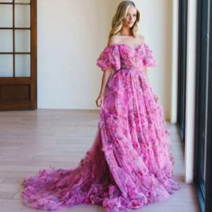 Glamorous Pink Evening Dresses Off Shoulder Tiered Ruffles Women Prom Gowns Sexy Floor Length Celebrity Girls Homecoming Gowns