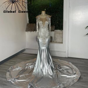 Silver Long Prom Dresses For Black Girls 2025 Beaded Evening Dress Celebrity Gown Crystal Tassel Birthday Party Gowns Customized