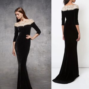 L403 New Black Long Sleeves Velvet Pearls Crystal mermaid  فساتين السهرة vestidos de fiesta  فساتين سهره evening dresses