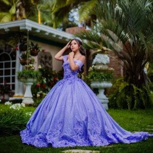 Customized Shiny Purple Off Shoulder Quinceanera Dress sequin applique crystal flower Long tail vestidos de 15 Quinceanera