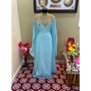 Seagreen Crystal Beads Caftan Abaya African Long Dress Very Elegant India & Pakistan Clothing