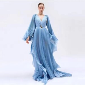 2025 Chic Style Blue Pleats Prom Gown Formal Party Dresses Ruffled Puffy Long Sleeves Celebrity Event Dress vestidos de fiesta