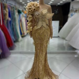 Dubai Gold Luxury Beaded Mermaid Evening Dresses Crystal Tassels Ruffled Long Sleeve Prom Dress Wedding Party Gown 3D Flower New