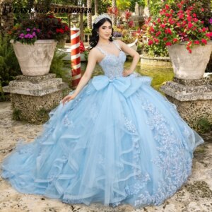 EVLAST Customized Mexican Sky Blue Quinceanera Dress Ball Gown Lace Applique Beaded Ruffles Sweet 16 Vestido De 15 Anos E3Q258
