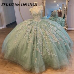 EVLAST Customized Mint Green Ball Gown Quinceanera Dress Lace Applique Beading Mexico Bow Sweet 16 Vestidos De XV 15 Anos SQ188