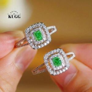 KUGG 100% 18K White Gold Rings Fashion Square Shape Real Natural Green Diamond Engagement Ring for Women High Wedding Jewelry
