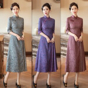 Fashion Improvement New Chinese Style Long Cheongsam Qi Pao Skirt Spring and Summer Women’s Mid-Sleeve