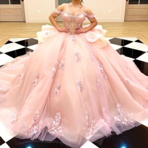 Pink Shiny Quinceanera Dresses Ball Gown Off Shoulder Applique Lace Beads Tull Corset Sweet 16 Dress Vestidos 15 De Anos