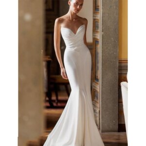 Classic Women Simple Wedding Party Dresses Strapless Sleeveless Mermaid High Quality Floor Length Pretty Banquet Evening Gown