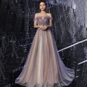 Purple Evening Dresses A-Line Lace Up Sleeveless Off The Shoulder With Tassel Gradient Sequined Luxurious Party Prom Gowns New