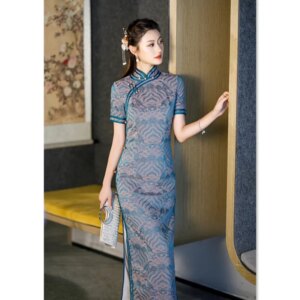 Retro Ethnic Style Imitation Acetate Jacquard Long Short Sleeve Robe Qi Pao Autumn  Winter  National Cheongsam Dress