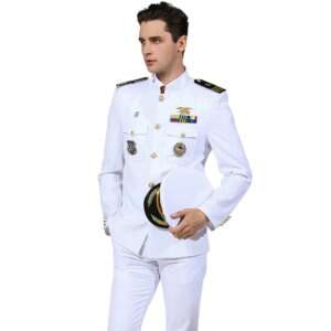 US Navy Military Uniforms White Mariner Sailor Yacht Captain American Army Officer Suits Mandarin Collar Jacket Pants Hat