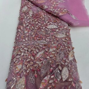 Pink African Beaded Lace Fabric 2025 High Quality Nigerian Sequin Lace French Tulle Fabric For Wedding Party Dress Sewing