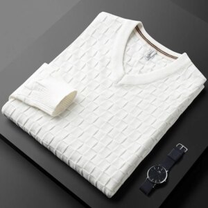 high-end jacquard European waffle V-Neck Sweater men’s long sleeve autumn winter thick Pullover trend slim knit sweater men