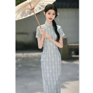 Retro National Style Young Girl’s Long Cheongsam Qi Pao Summer New Synthetic Lace Chinese round Placket