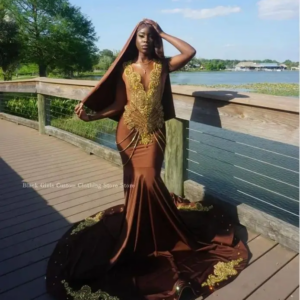 Luxury Diamante Mermaid Prom Dress Tan Beaded Applique Wear Shawl Black Girl Birthday Party Queen Dress robe de soiréeCustomised