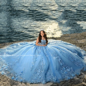 Princess Sky Blue Quinceanera Dresses Exquisite Off Shoulder 3D Floral Applique Lace Applique Mexican Custom vestido de 15 anos