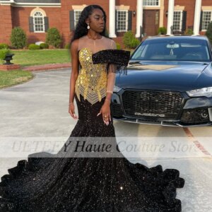 Luxury Black Mermaid Prom Dresses 2025 Gold Beads One Shoulder Sequins Homecoming Dress Birthday Party Gowns Customized